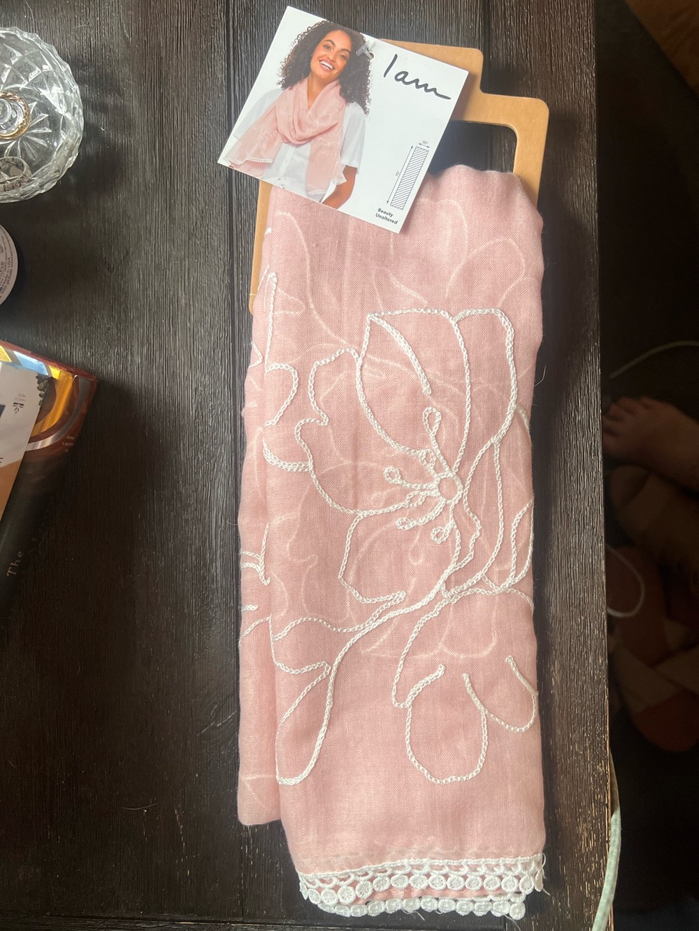 I Am Pink Floral Embroidered Scarf with Lace Trim